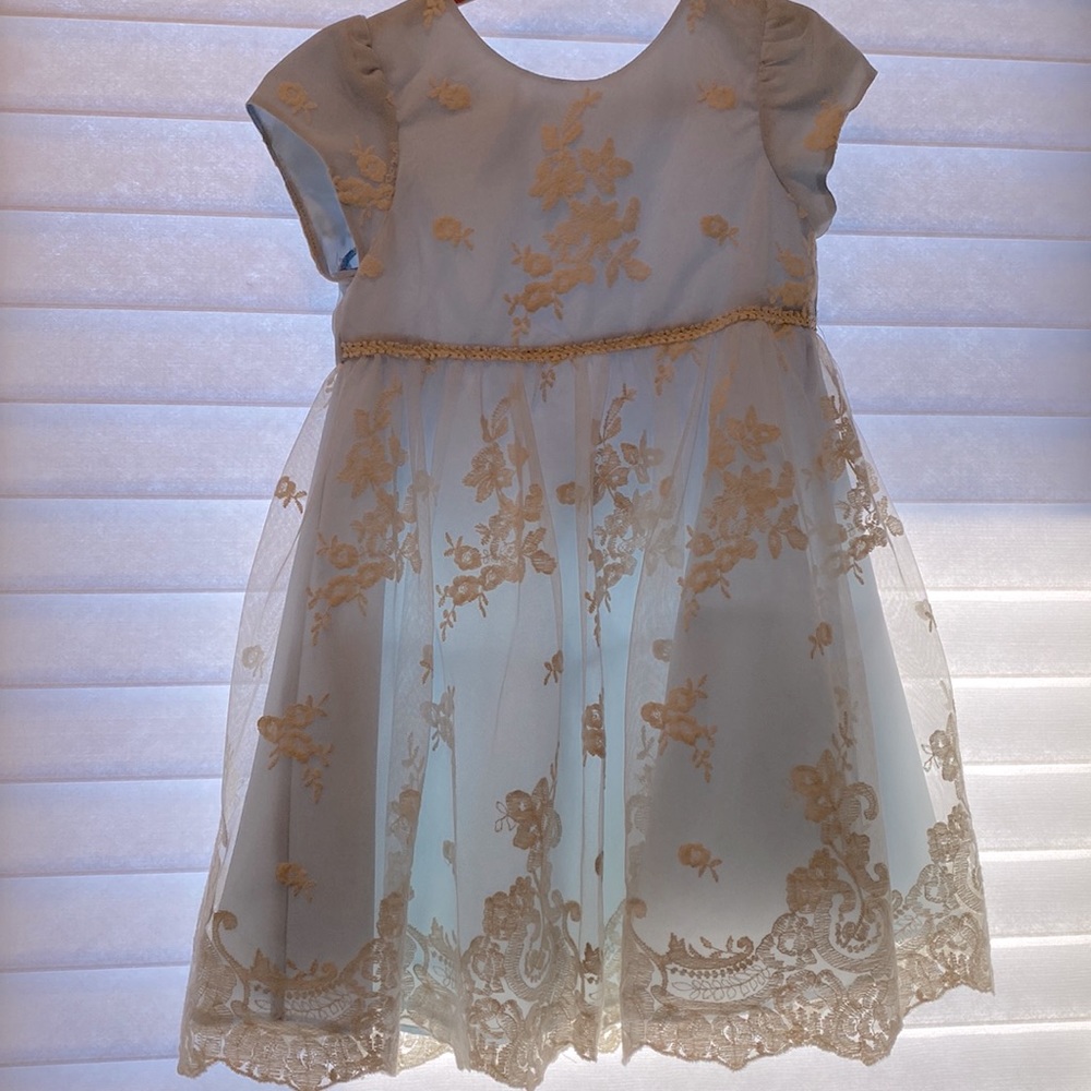 Pippa and Julie dress Color: light blue with cream lace Floral appliqués